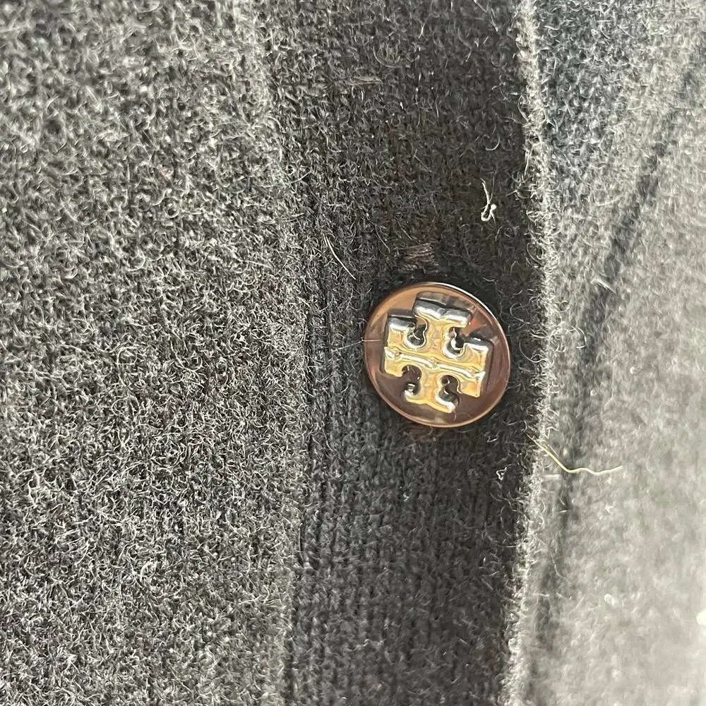 Tory Burch 100% Cashmere V-Neck Cardigan XS Black | Logo Buttons | 4 Pockets